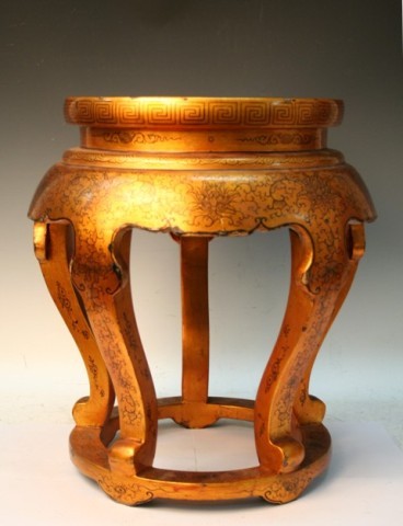 Chinese Golden Lacquer Garden Stool: Golden lacquer garden seat with figural scene and floral decoration, wood, possibly eighteenth century, China; unmarked. Dimensions: 18-1/2"H x 19"W; seat diameter 13-1/2"