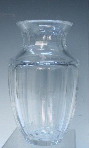 Val St. Lambert Belgian Deco Crystal Vase: Clear Art Deco lead crystal vase with paneled body, Val Saint Lambert, Belgium, twentieth century; marked on bottom. Dimensions: 8-1/4"H x 5" diameter