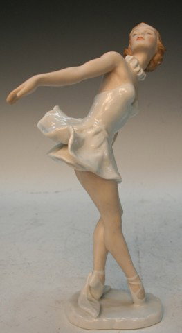 Rosenthal German Porcelain Statue Marianne Simson: Statue of ballerina Marianne Simson (German, 1920-1992) poised on her toes by Rosenthal, porcelain, Germany, ca. 1957; signed on base L.Fr. Gronau, marked and signed on bottom L. Friedrich Gronau / 77