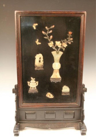 Qing-Era Chinese Screen with Inlaid Jade 19th C.: Screen with inlaid flowers, vase, and animal decoration on the front. A painted landscape with chickens is on the back. Screen can slide off the stand, painted wood and jade, China, Qing Dynasty, nine