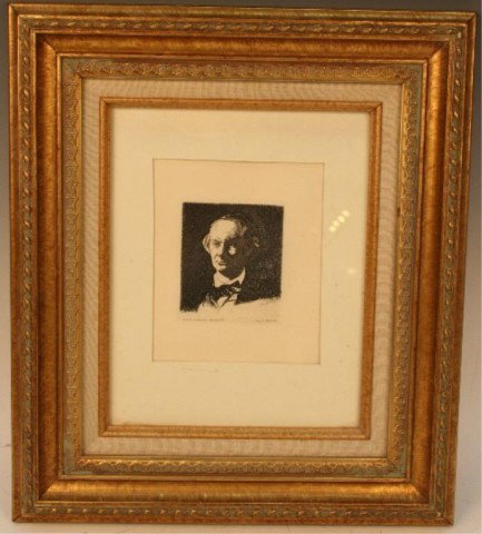 "Head of Baudelaire" Etching by Manet 1865: Portrait of Charles Baudelaire, by Edouard Manet, original etching recorded, 1865; artist's name on front. Dimensions: Image area 6"L x 5"W; with frame 15-1/4"L x 13-1/4"W x 1"D