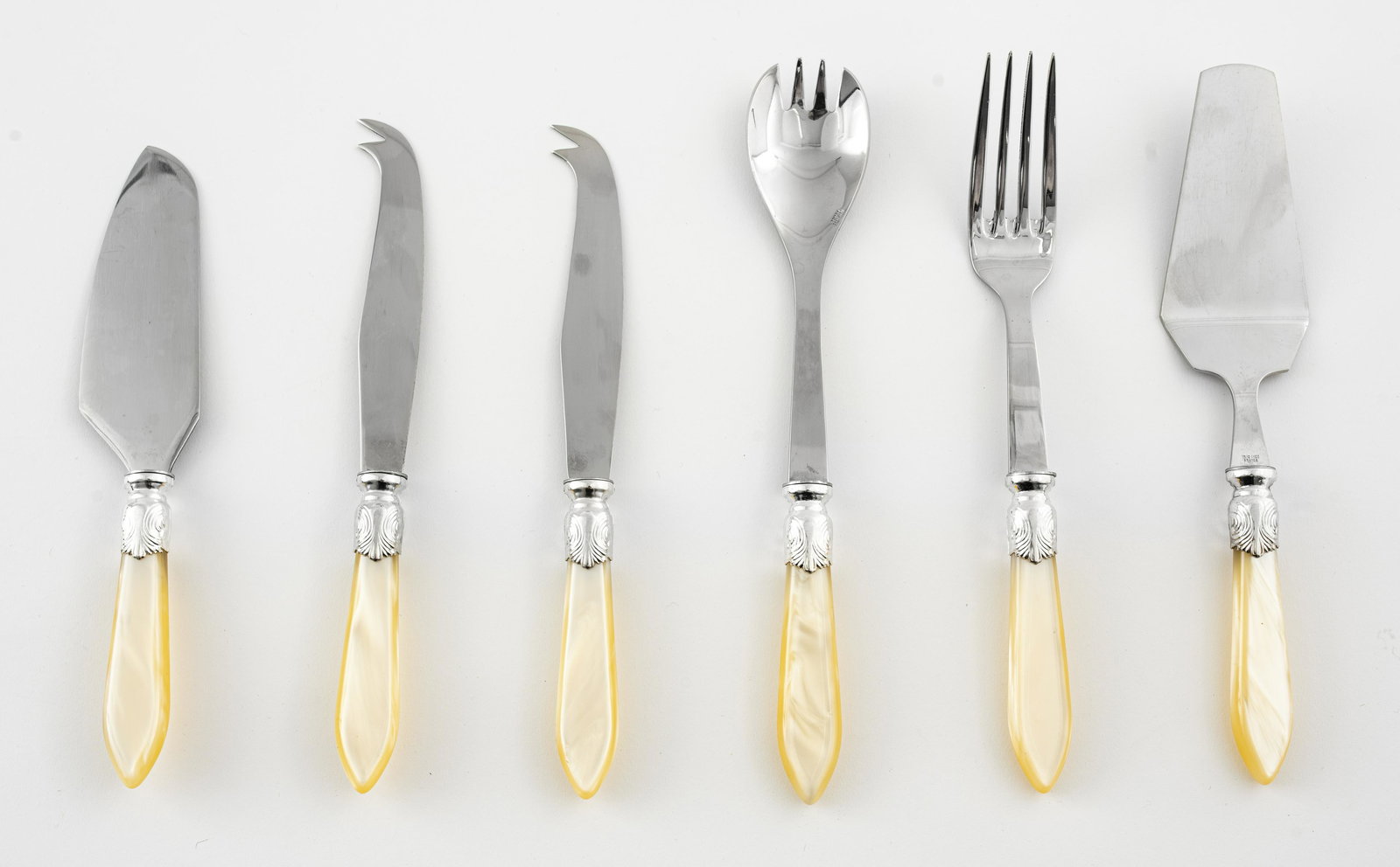 Sabre France 'Baguette' Serving Utensils, 6: Sabre France 'Baguette' serving utensils, group of six pieces, stainless steel with acrylic handles, some marked. Longest 11.75" H.