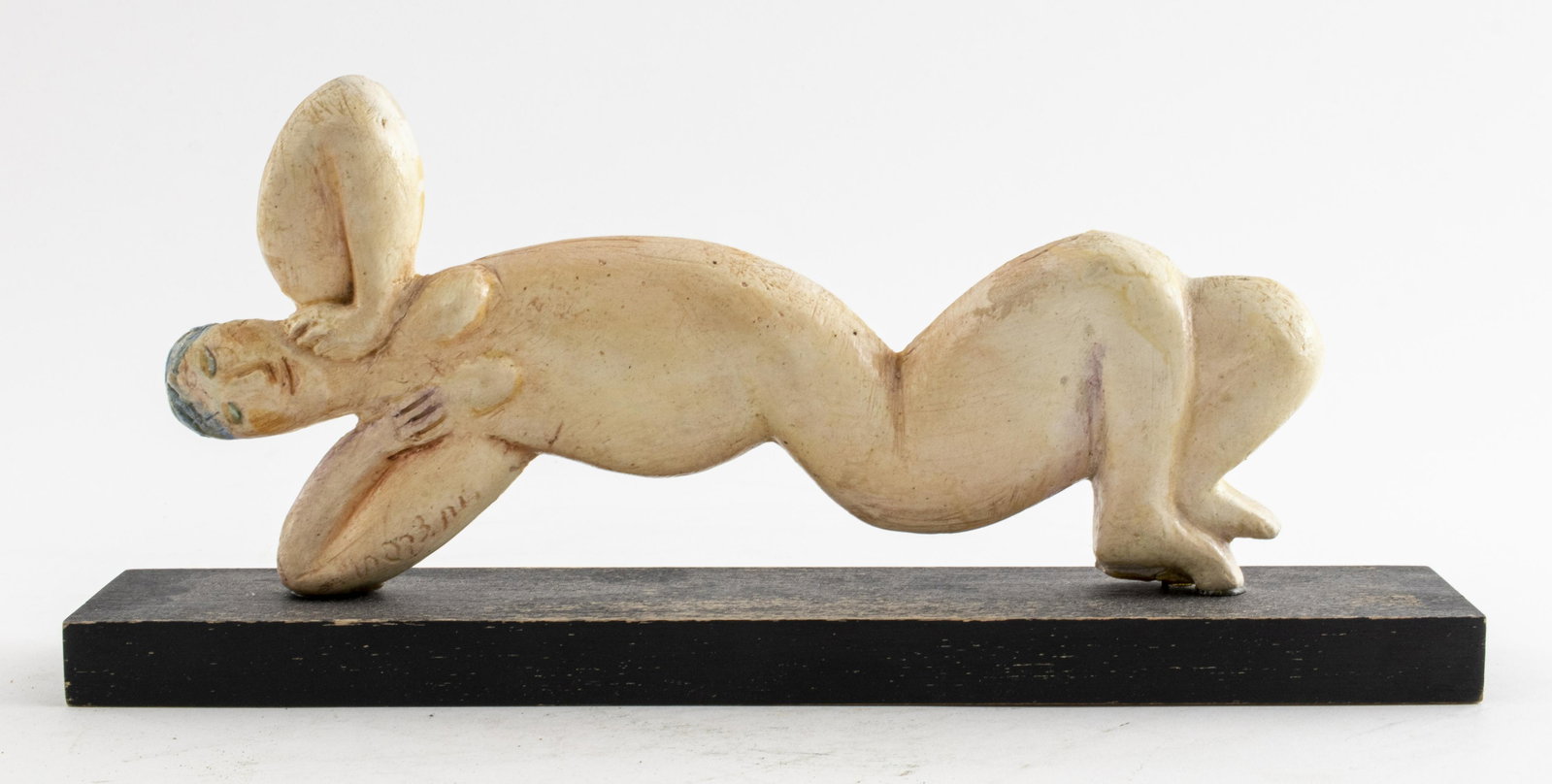 Ruth Zarfati Ceramic Sculpture of Nude Woman: Ruth Zarfati-Sternschuss (Israeli, 1928-2010), art studio painted ceramic relief sculpture of a reclining nude woman mounted onto wooden base, signed on the front and on the back. 5" H x 11.75" W x 2.
