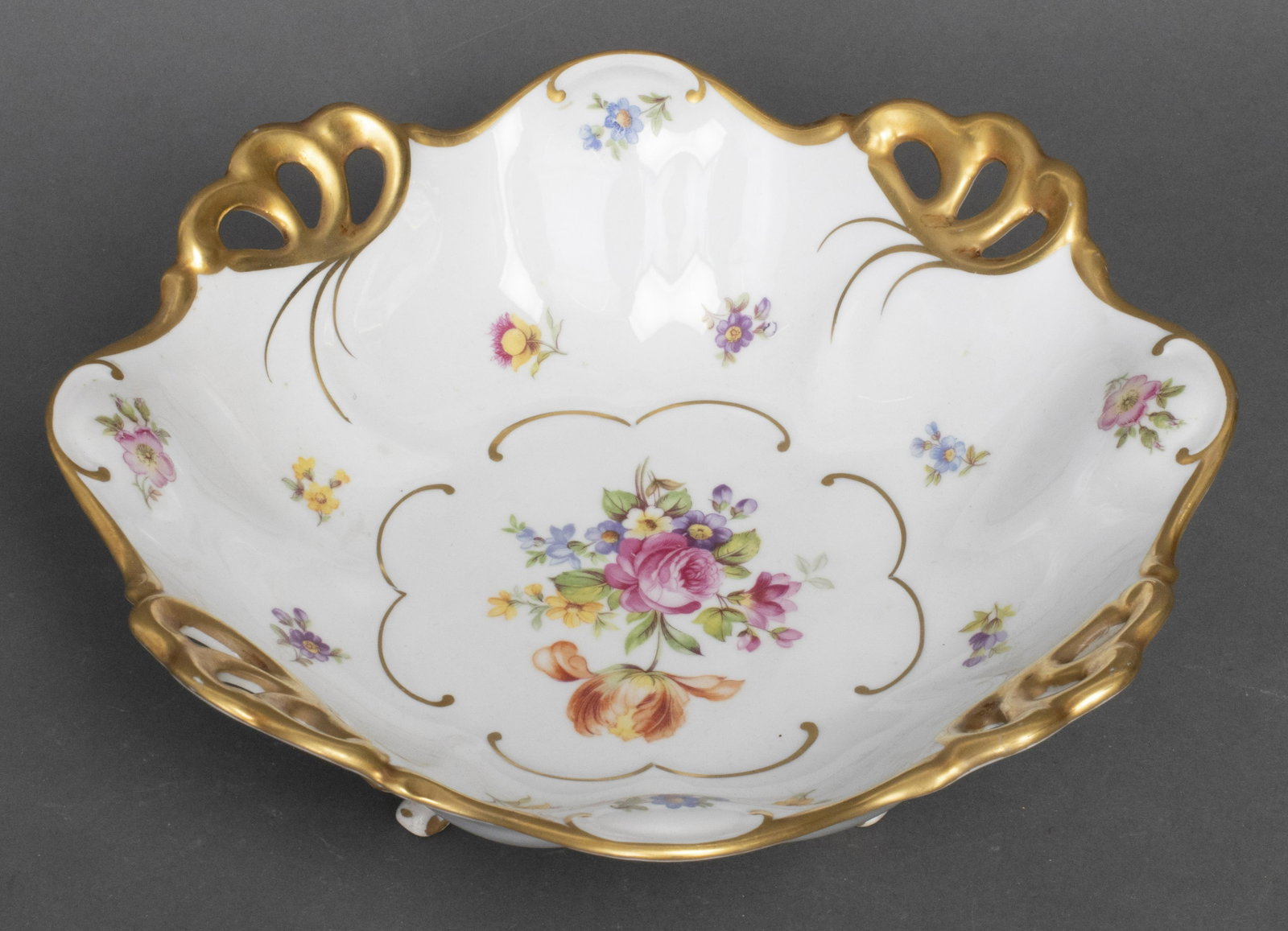JLMenau German Painted Floral Gilt Compote: JLMenau German painted floral gilt compote, marks to base. 3.75” H x 11” diameter