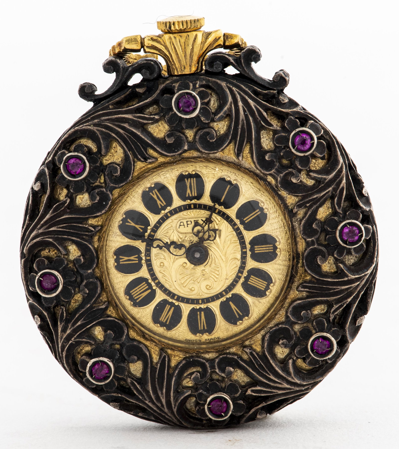 Silver / Gold Diamond & Ruby Enamel Pocket Watch (1 of 6)