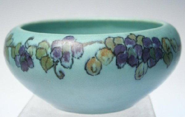 Rookwood Wax-Matte Bowl Margaret H. McDonald 1922: Blue-green wax-matte-glazed Rookwood bowl with a continuous, stylized, purple, yellow and green floral and foliate design decorating the exterior wall of the body executed by Margaret Helen McDonald, 
