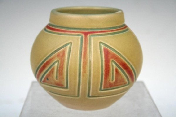 Z Line Rookwood Pottery Vase O. Geneva Reed 1904: Small Z Line green and brown vase with incised lines and allover matte finish, designed by Olga Geneva Reed for Rookwood, ceramic, America, 1904; marked on bottom. Dimensions: 3-1/4"H x 4-1/2" diamete