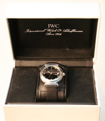 IWC Schaffhausen Steel Black Dial Automatic Watch: International Watch Co. (IWC) Schaffhausen wristwatch with a black dial in a steel case with a black calf-leather wristband, self-winding Automatic movement, water resistant; marked on the inside of t