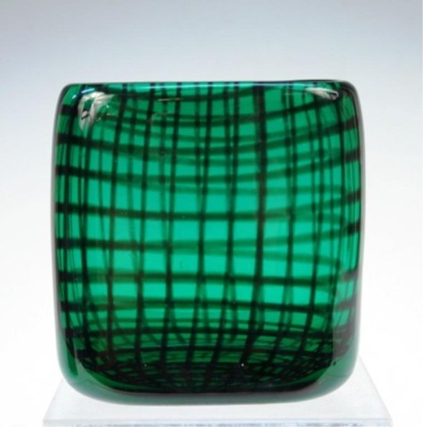 Hadeland Norwegian Glass Vase, H. Bongard 1955: Small green vase with allover latticework motif, designed by Herman Bongard for Hadeland, glass, Norway, 1955; signed on bottom. Dimensions: 4-7/8"H x 4-1/2"W x 1-5/8"D
