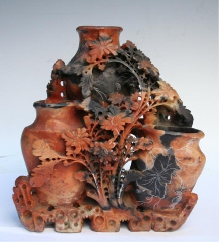 Soapstone Carving of 3 Vases & Floral Array: Carved sculpture of three vases or jugs with etched floral motifs and a carved floral and foliate arrangement, soapstone, possibly Chinese; unmarked. Dimensions: 9"H x 7-5/8"W x 2-1/2"D