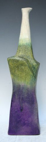 Asymmetric Fantoni for Raymor Italian Ceramic Vase: Matte-glazed asymmetric vase with mottled ombre green to purple color, Fantoni for Raymor, ceramic, Italy, twentieth century; signed on bottom. Dimensions: Approximately 18-1/4"H x 4-3/4"W x 3-3/4"D