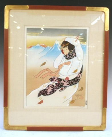 "Vent du Nord" Rare Woodblock Print Paul Jacoulet: Very rare framed and matted woodblock print, titled Vent du Nord Corée, picturing a Korean woman wearing a joebarwi (Korean cap), fighting the wind and backed by mountains, by artist Paul Jacoulet (F