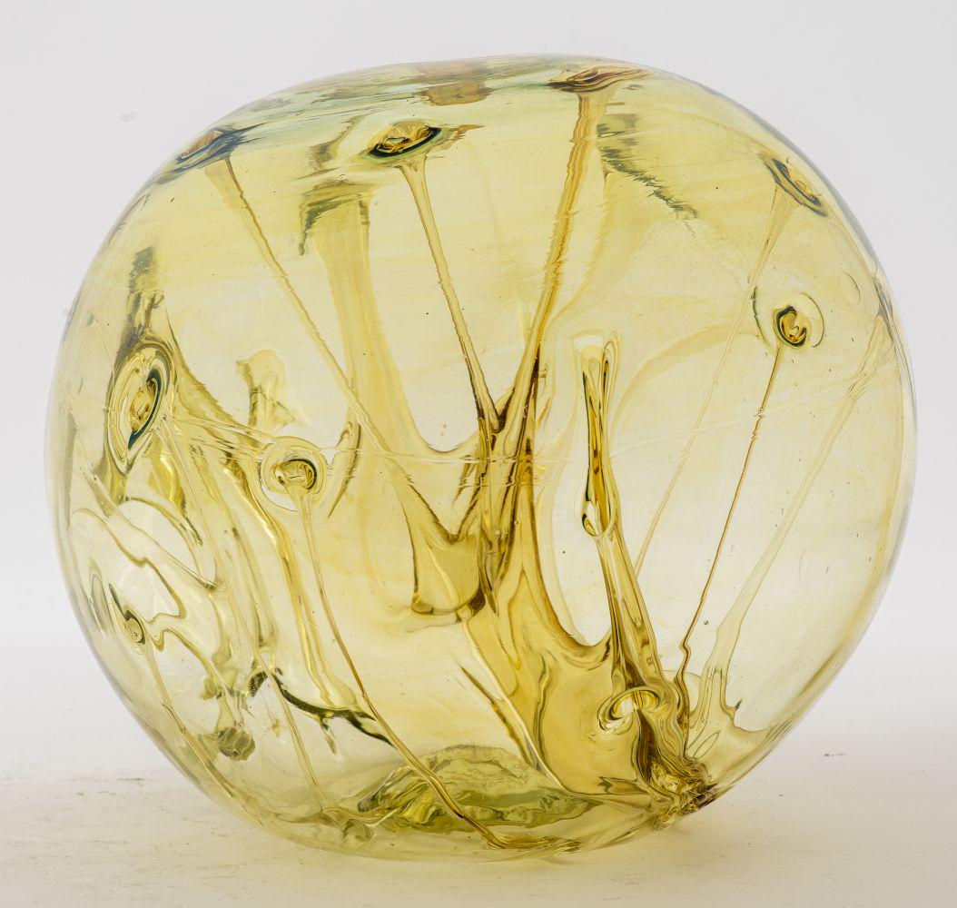 Peter Bramhall Postmodern Art Glass Orb Sculpture: Peter Bramhall (b. 1942) American Postmodern studio art glass orb sculpture with internal organic stem structure, signed 'Bramhall 7/8/80' on the bottom. 8" H x 9" Diameter.
