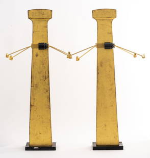 Van Der Straeten Modern "Patmos" Lamps, Pair: Herve Van der Straeten (French b.1965) Modern pair of 'Patmos' table lamps, late 20th century, in gilt bronze with black marble bases, each with impressed marks "AB" and "HV" near base. 31.5" H x 6.75