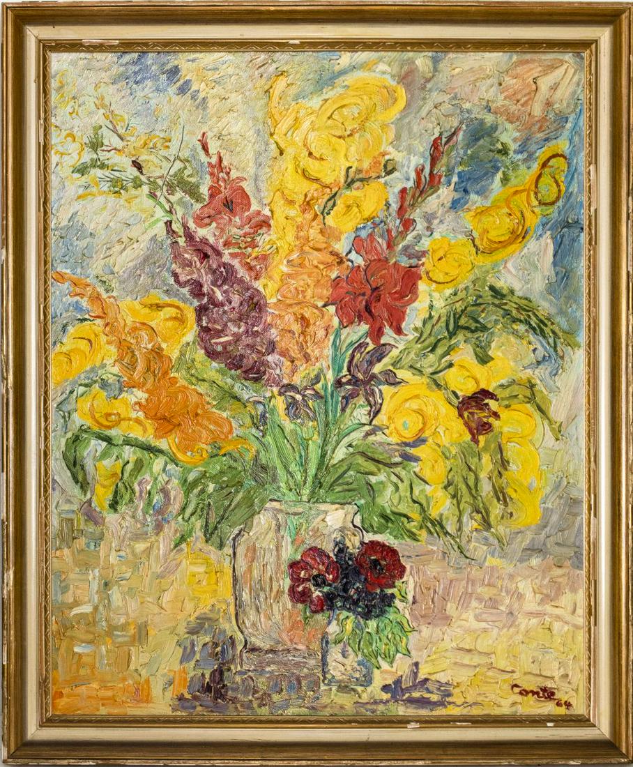 Conte Signed Floral Still Life Oil on Canvas, 1964 (1 of 11)