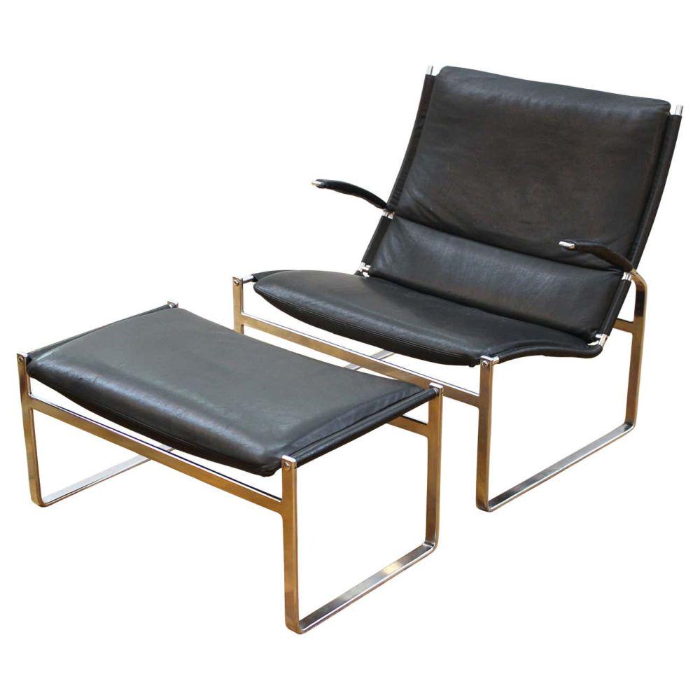Modern Chrome Lounge Chair & Ottoman in Leather (1 of 8)