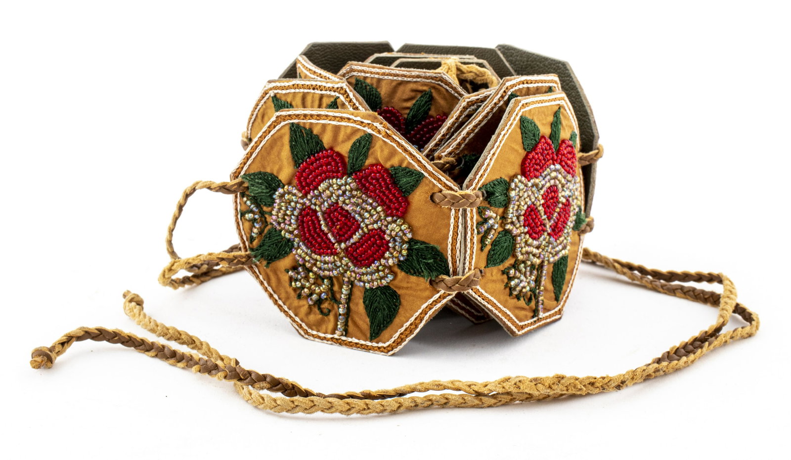 Chan Luu Leather & Silk Embroidered Tie Belt: Chan Luu belt comprised of leather, silk embroidered and beaded floral motif medallions strung together with leather braiding, 41" L usable.