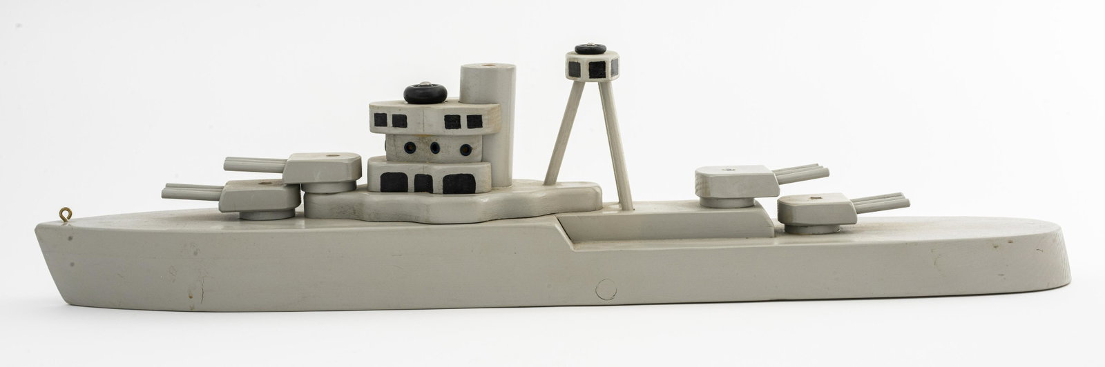 Wooden Toy Battleship: Wooden toy battleship, unmarked. 6.5" H x 26" W. Missing one piece.