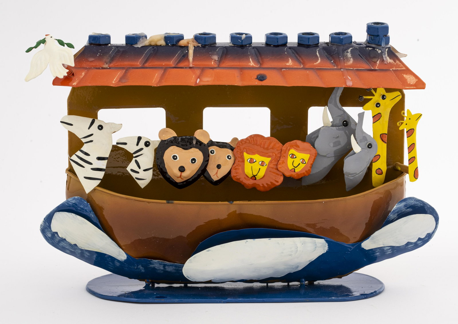 Noah's Ark Menorah: Noah's Art Menorah, painted aluminum. 8" H x 12" W. Candle wax present.