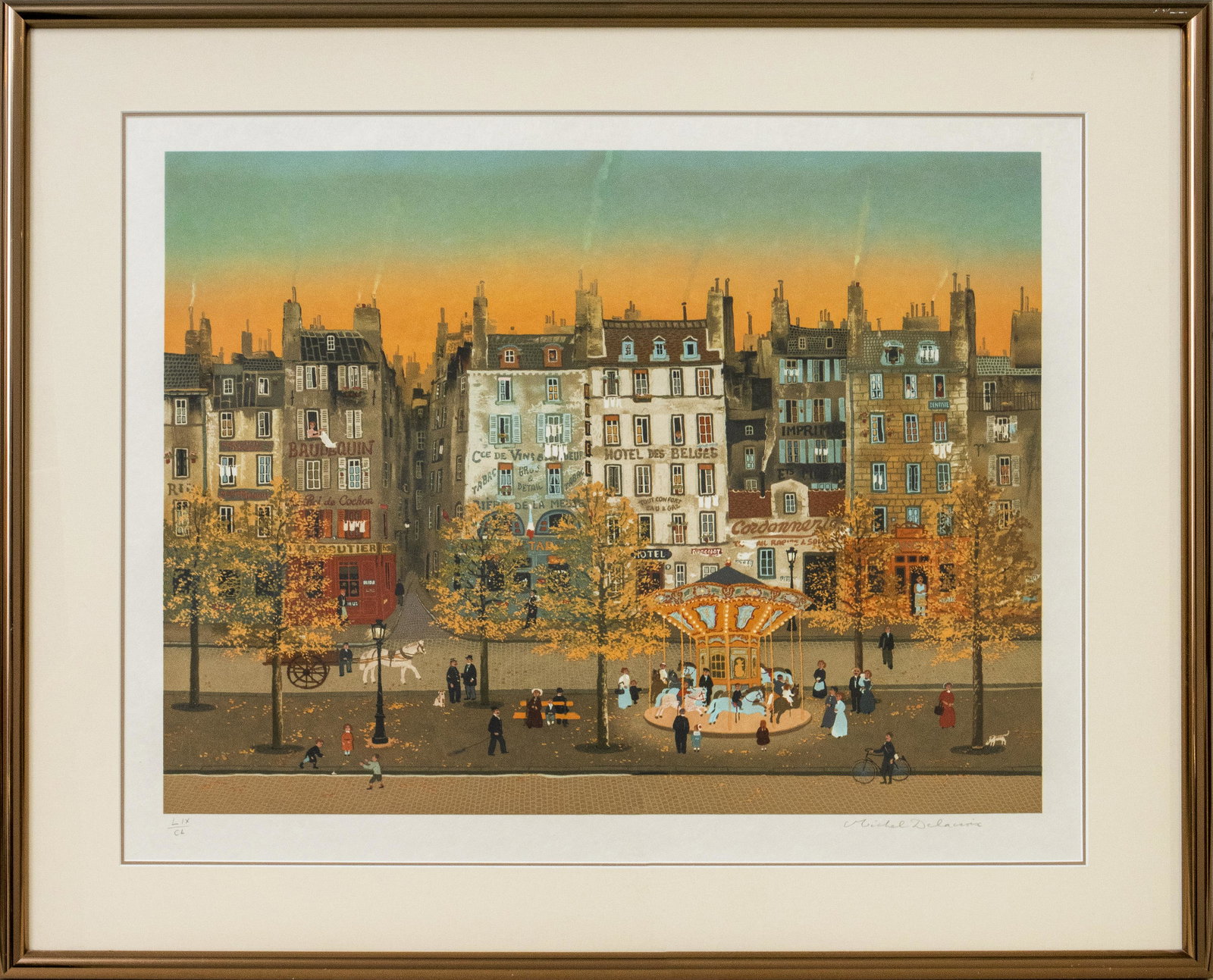 Michel Delacroix Montmontre Lithograph: Michel Delacroix (French, b. 1933), Montmontre, lithograph, edition 59/150, signed in pencil lower right. Image: 22" H x 26" W; frame: 29.5" H x 33" W