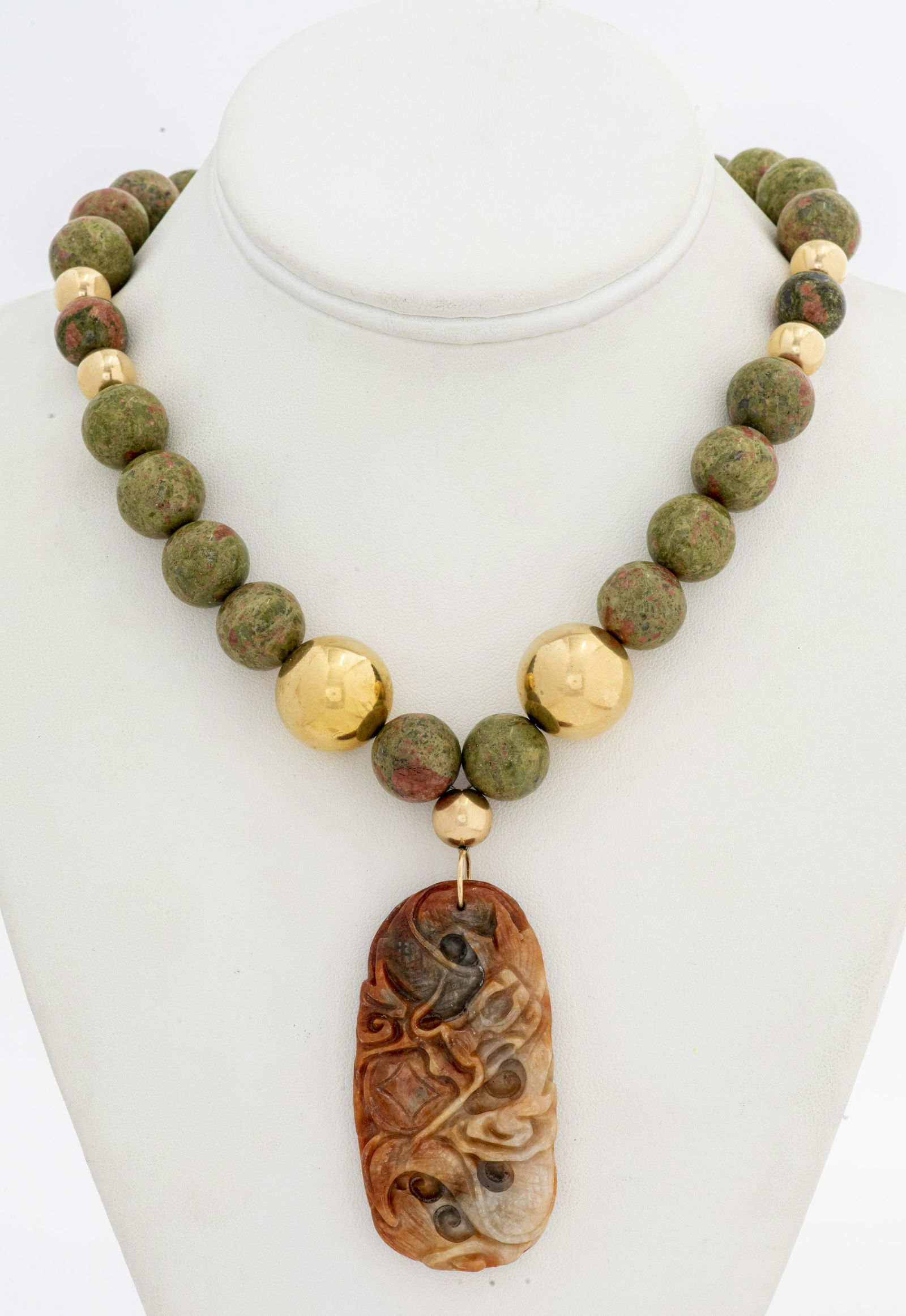 Chinese Jade Pendant & Unakite Bead Necklace (1 of 4)