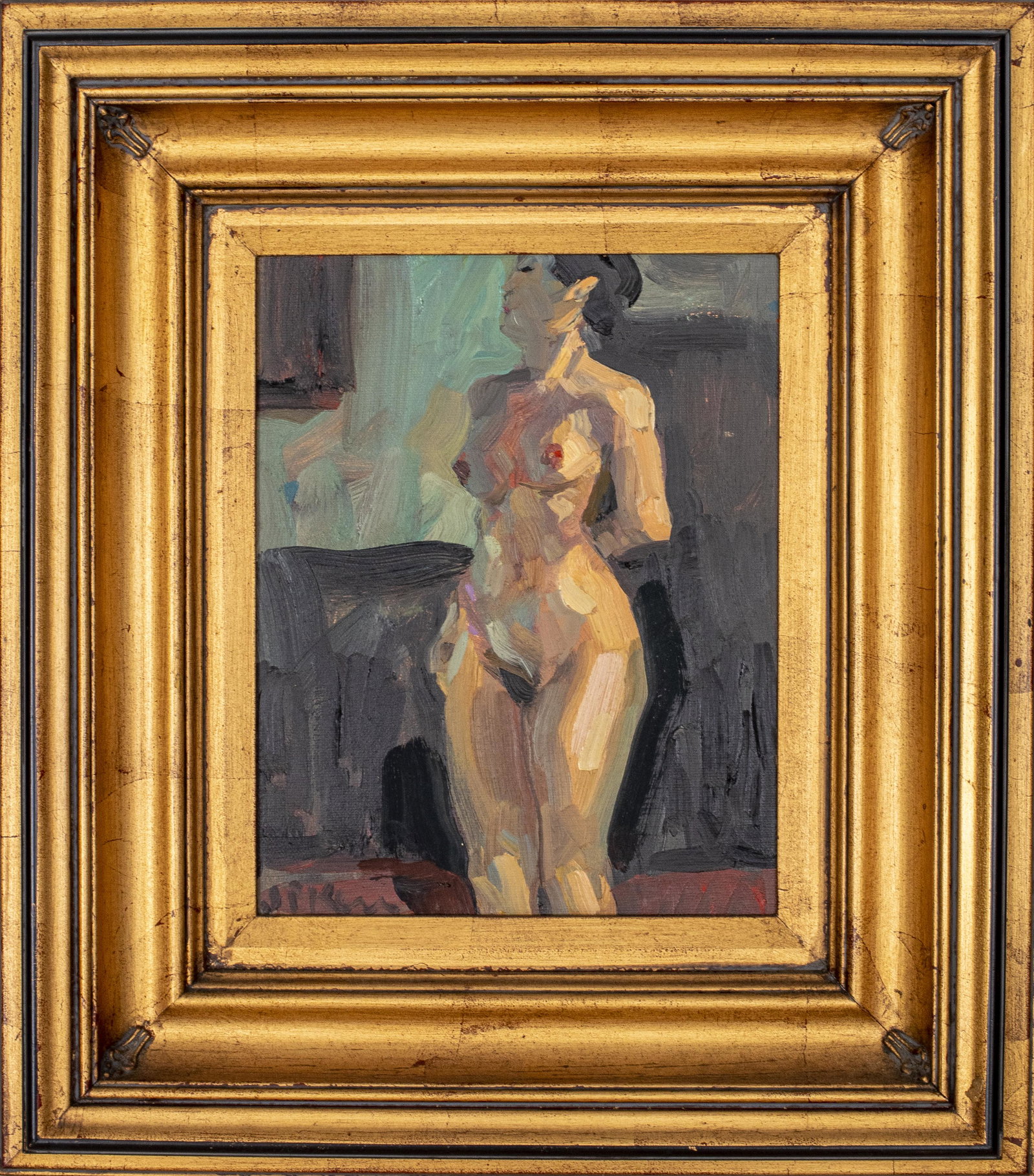 James P. Kerr 'Lisa G.' Nude Woman Oil Painting: James P. Kerr (American, b. 1953) 'Lisa G.' oil on canvas depicting a nude woman, signed in lower left corner, framed, with title and signature on back stretcher. Sight 8" W x 10" H. Frame 17" H x 15"