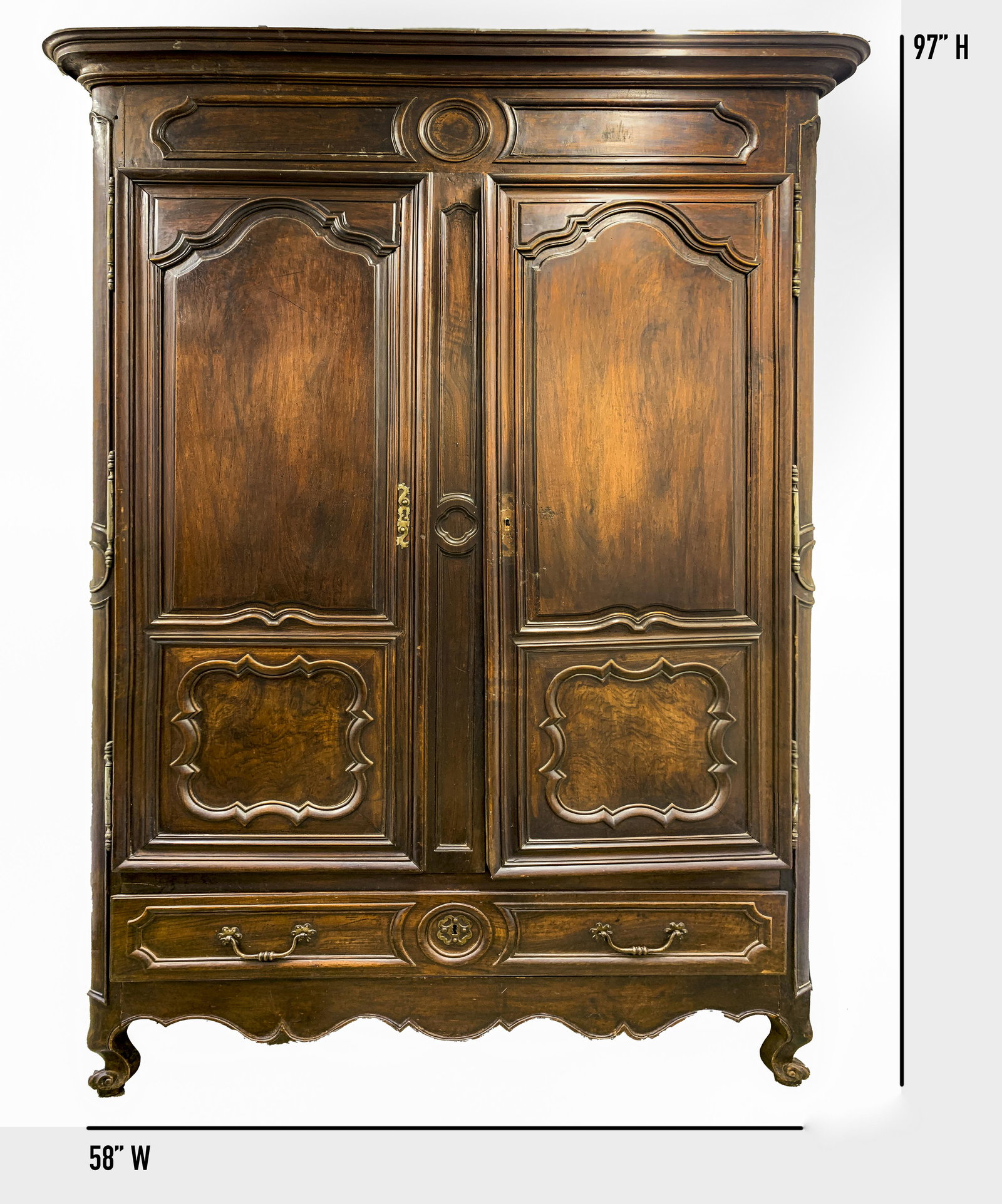 French Louis XV Provincial Carved Oak Armoire: French Louis XV provincial carved oak armoire, stepped cornice, two doors above large drawer, with carved ornamentation. 97" H x 58" W x 26" D.