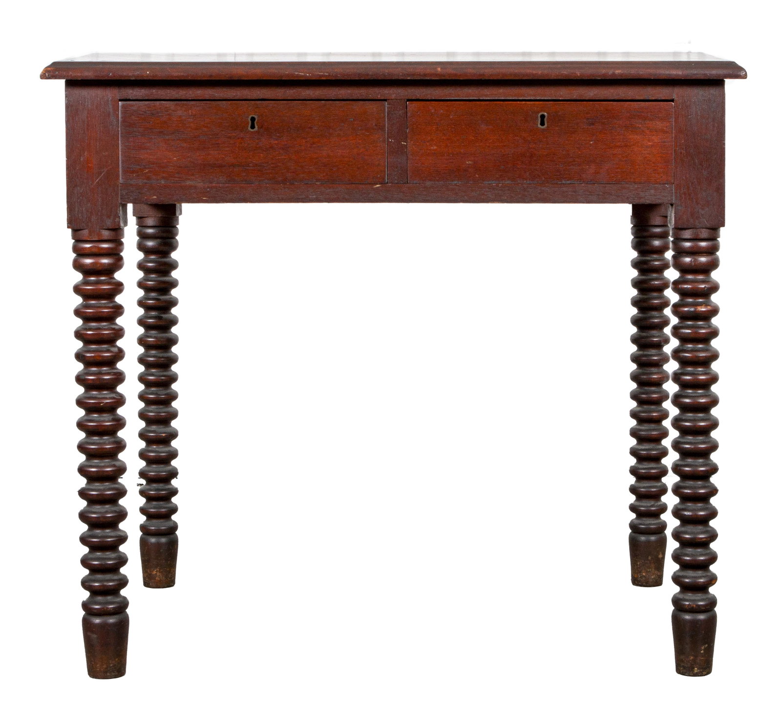 Mahogany Bobbin Leg Desk: Mahogany bobbin leg work desk with two drawers. 30" H x 34" W x 25" D.