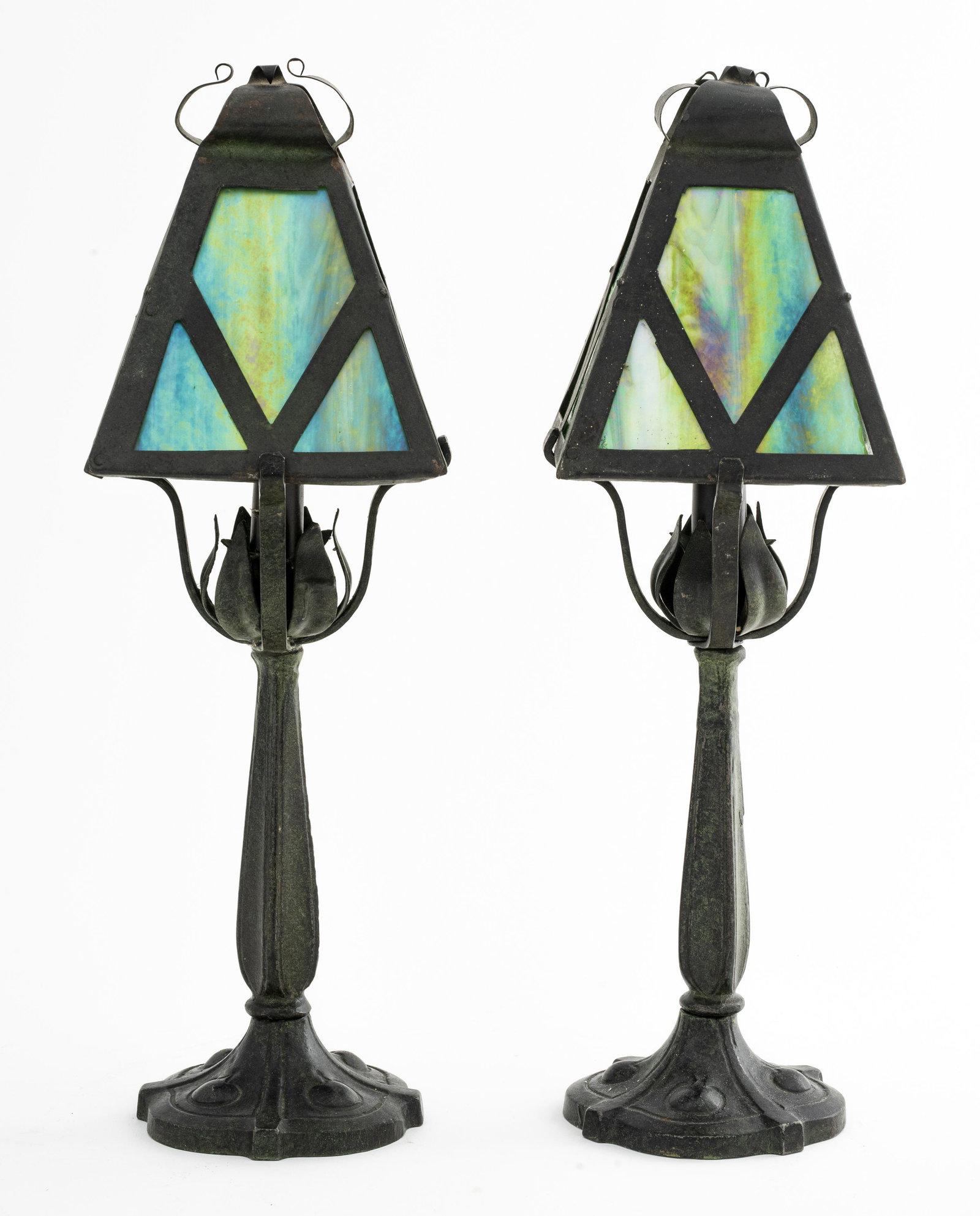 Arts & Crafts Slag Glass Shade Candlesticks, Pr (1 of 5)