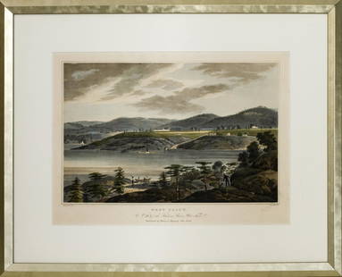 After William Guy Wall 'West Point' Aquatint: After William Guy Wall (American 1770-1850) 'West Point', number 16 of the 'Hudson River Port Folio', aquatint on paper after the original from 1825. Sight 24" H x 17.5" W. Frame 28" H x 34" W.