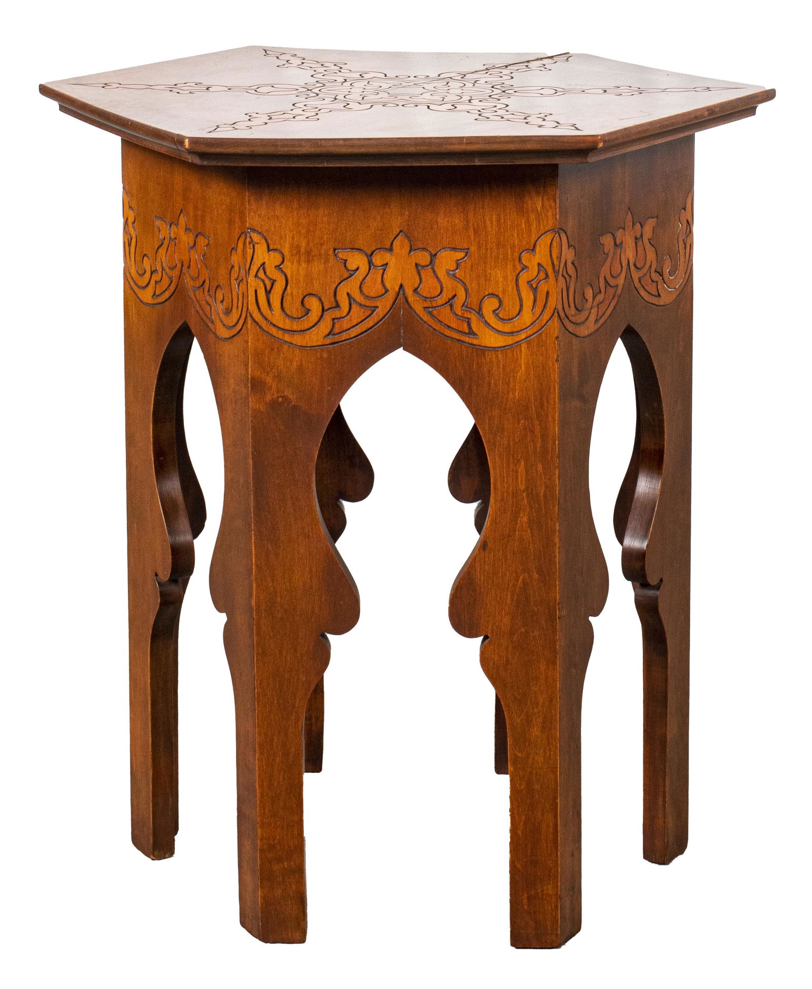 Orientalist Pyrographic Hexagonal Side Table (1 of 8)