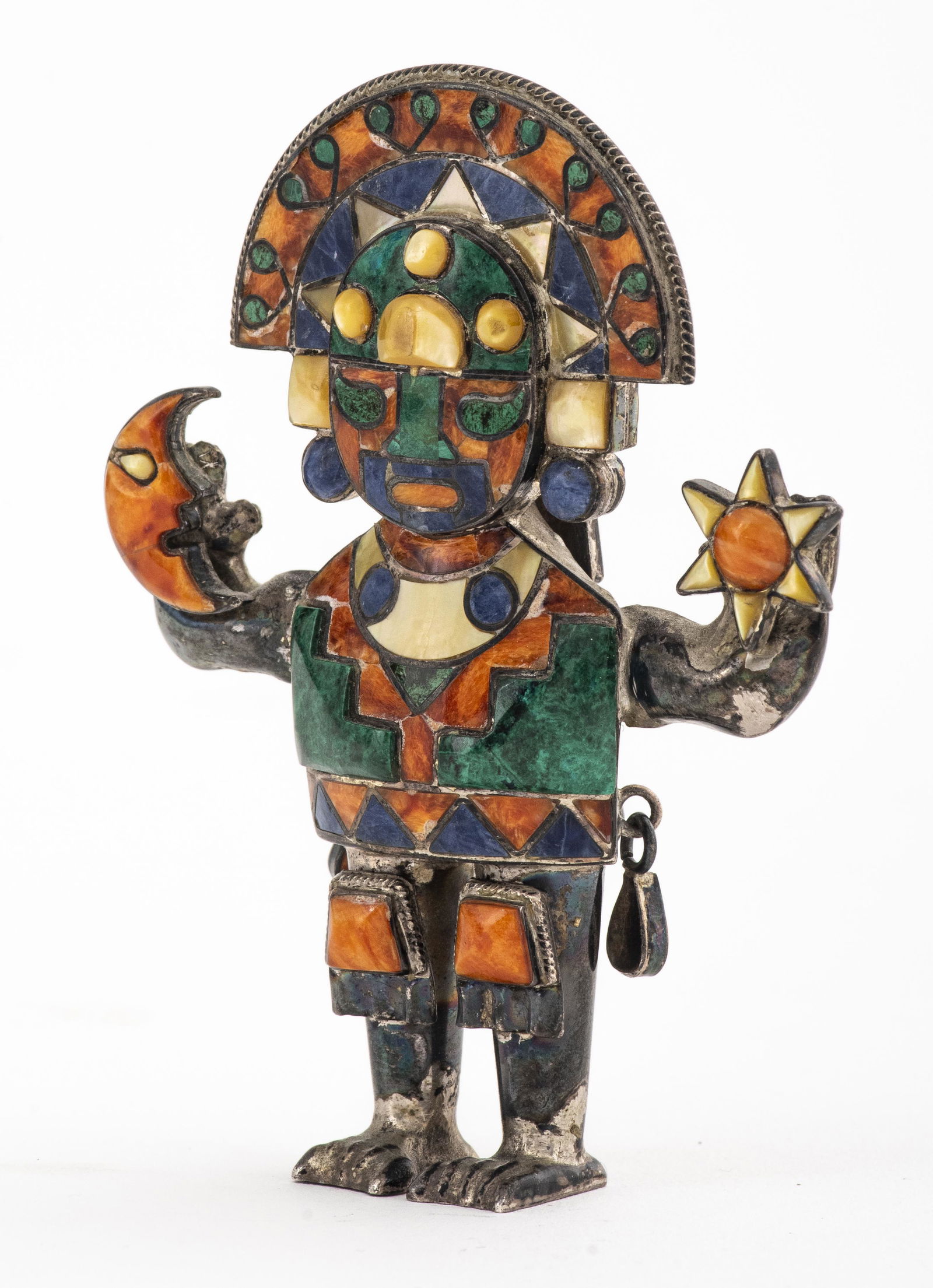 Zuni Native American Silver Figurine: Zuni Native American silver figurine, marked "950", silver, malachite, mother-of-pearl, lapis, & spiny oyster. 3.25" H x 2.5W. Silver not weighable.