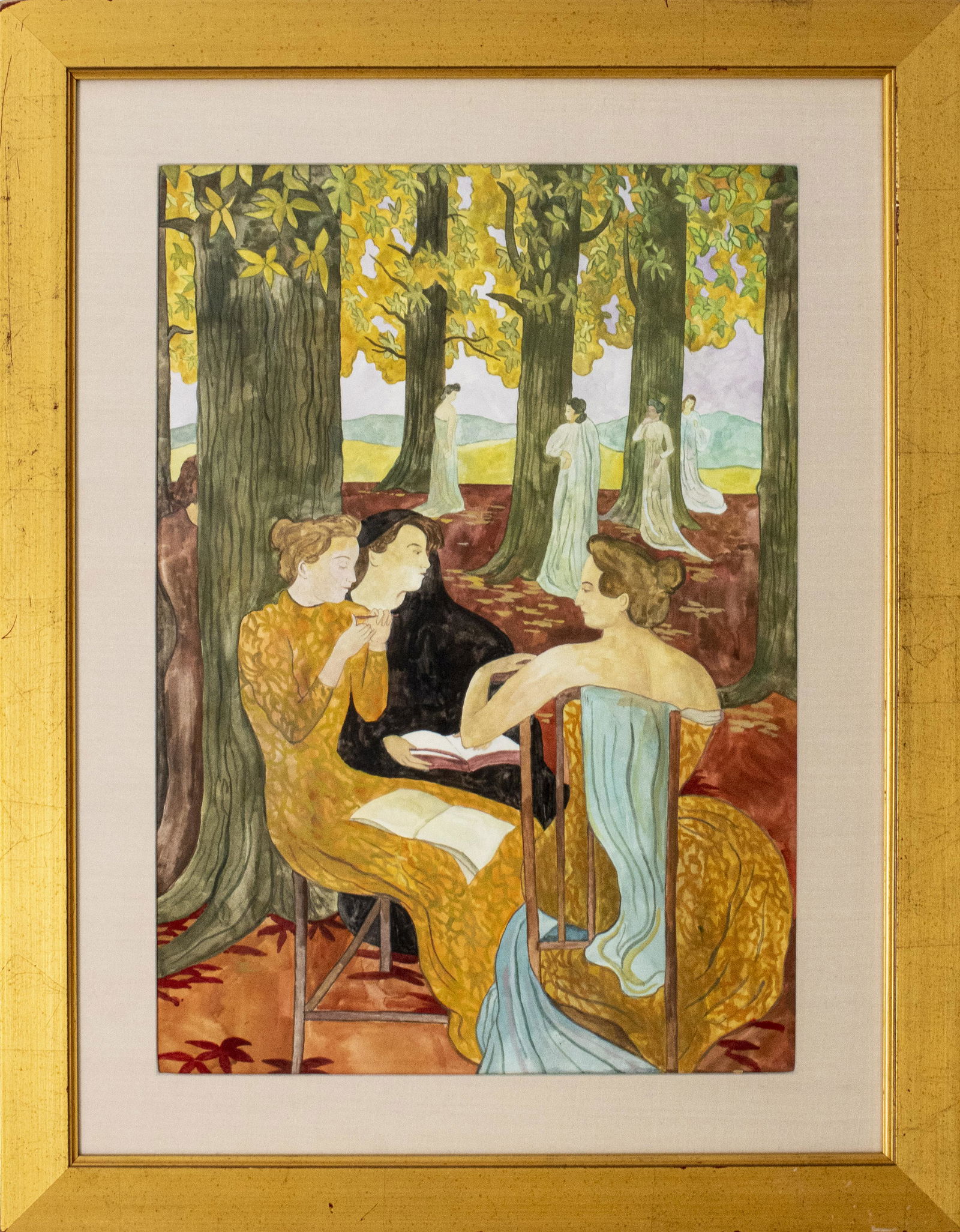 Manner of Ferol Sibley Warthen Watercolor on Paper: Manner of Ferol Sibley Warthen (American, 1890-1986) watercolor on paper, depicting figures in wooded landscape, unsigned. Image: 19.5" H x 13.75" W; frame: 27" H x 21.25" W.