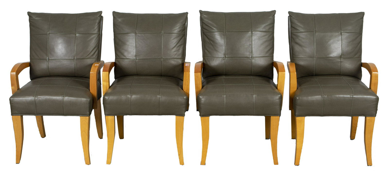 Modern Quilted Leather Blonde Wood Arm Chairs, 4 (1 of 7)