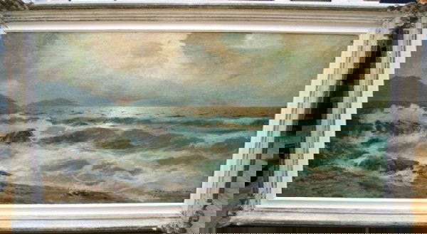 Oil on Canvas Signed Alexander Dzigurski Painting: Alexander Dzigurski (American, 1911-1995) Italian seascape, oil on canvas, 1949; signed A. Dzigurskiand San Leonardo - Salerno (lower right). Dimensions: 31"L x 54-1/4"W; image area 22-3/4"L x 46-1/2"