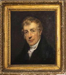Andrew Geddes 'Portrait Of a Man' Oil Painting: Andrew Geddes (English, 1783-1844) 'Portrait of a Man' oil on canvas, in carved giltwood frame, with paper labels on back, including Thomas Agnew and Sons, London. Sight 17.5" h x 15" W. Frame 25" H x