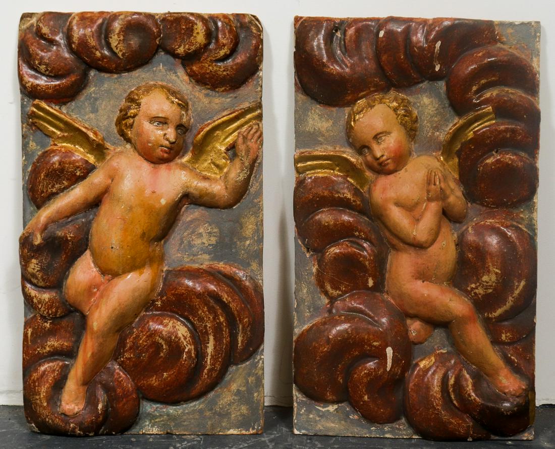 Baroque Carved Wood Cherub Relief Panels, Pr (1 of 6)