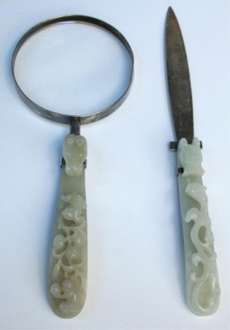 Chinese Mounted Jade Garment Hooks Silver Desk Set: Sterling silver desk set with mounted carved jade garment hooks featuring dragons, horses, and figures, includes letter opener and magnifying glass, jade from China, American silver; marked. dimension