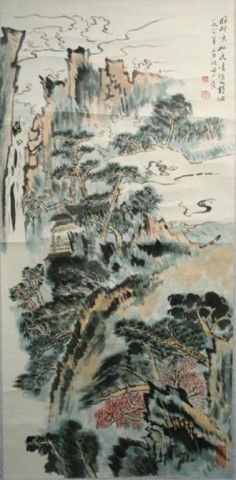 Chinese Scroll Landscape Painting Yanshao Ca. 1980: Color and ink on silk and paper, landscape painting by Lu Yanshao, circa 1980, China; marked and sealed. Dimensions: Overall 62-1/2"L x 20"W; image area 33-1/4"L x 15-1/2"W