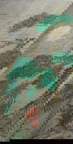 Korean Folk Painting (Minhwa) of Moonlit Nature: Moonlit folk painting uniquely featuring the bullocho (mythical longevity plant) in the bottom center with bamboo symbolizing integrity and wise flexibility, as it bends in the wind, the oak symbolizi