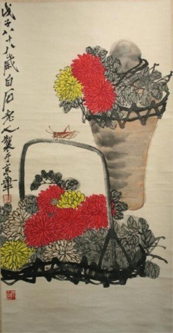 Chinese Scroll Painting Chrysanthemums & Insect: Hanging scroll painting of red, yellow, and cream chrysanthemums, and a lone cricket, ink on paper, China; marked. Dimensions: Image area 36"L x 19"W; overall 71-1/4"L x 24-1/2"W; dowel 28"L