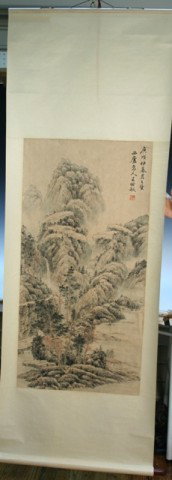 Chinese Ming-Style Mountain Landscape Scroll: Hanging Ming Dynasty-style scroll painting of mountain landscape, after Shi Ming Wang, China; marked. Dimensions: Image area 38"L x 19-1/4"W; scroll 70"L x 25"W