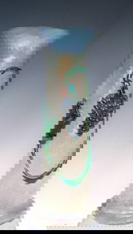 Nouveau Loetz Iridescent Glass Vase w/ Grapevine: Art Nouveau iridescent vase with applied vine and bunch of grapes, Loetz, glass, Bohemia; unmarked. Dimensions: 12-3/8"H x 4-1/2" diameter