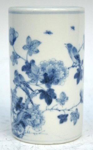 Chinese Blue & White Scholar Brushpot 19th C: Blue and white scholar brushpot with birds on birch, porcelain, China, nineteenth century; marked. Dimensions: 4-3/4"L x 2-3/4"W