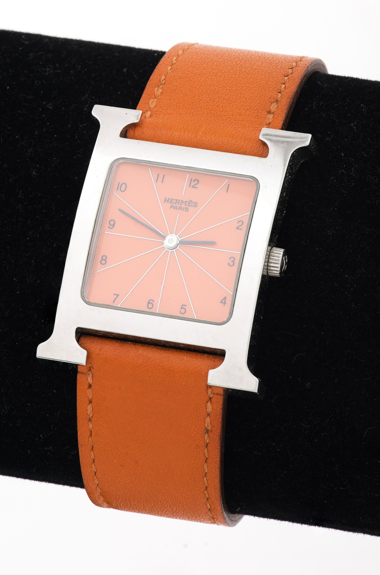 HERMES Paris "H" Stainless Steel Leather Watch (1 of 6)