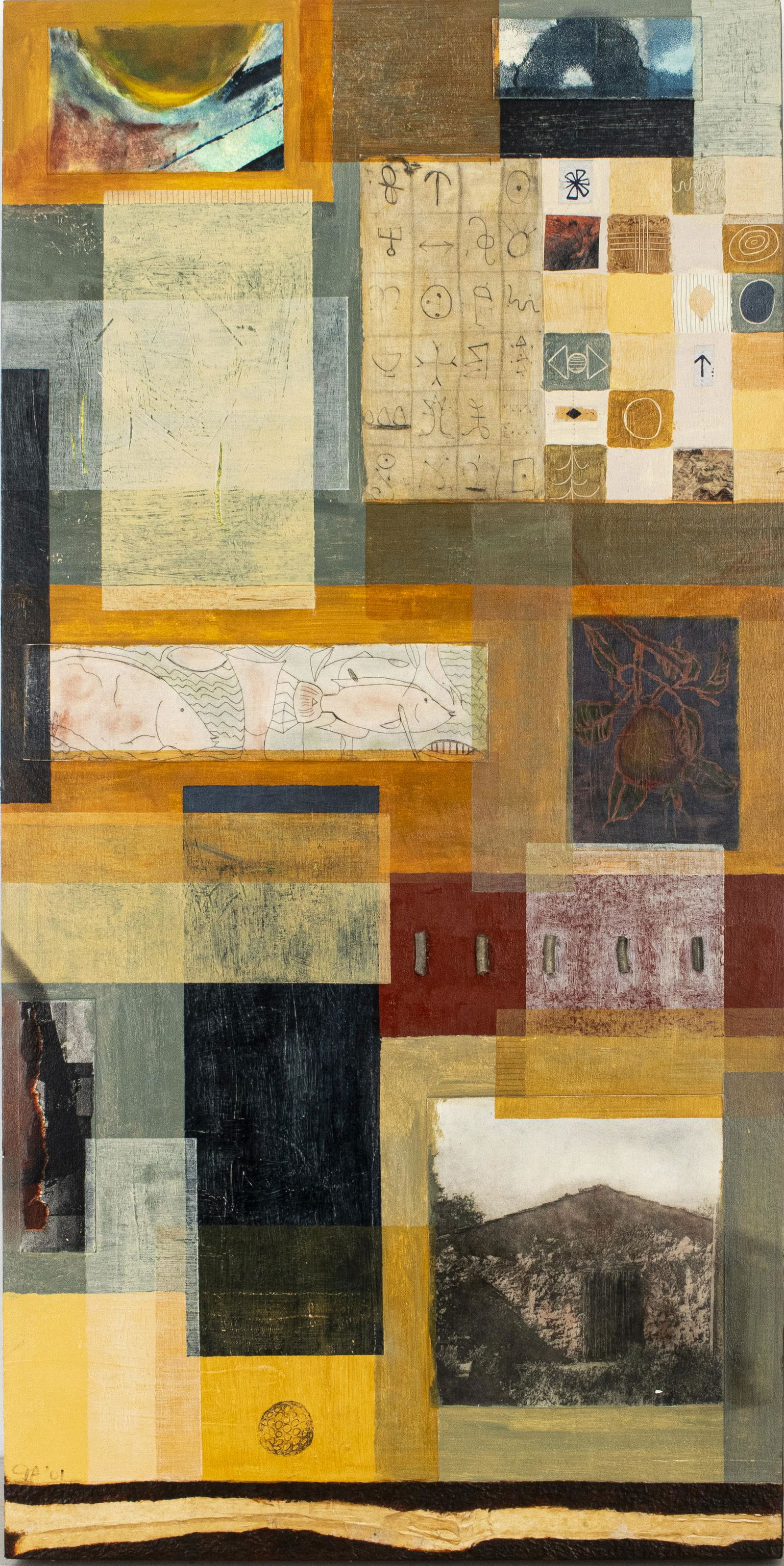 Tracey Adams 'Witness' Mixed Media Painting: Tracey Adams (American, XX-XXI) 'Witness', 2001, modern mixed media painting on board, marked with title, medium, date and signature on back. 40" H x 20" W.