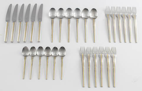 WMF Maxim's de Paris Cutlery, Set of 6: WMF Maxim's de Paris cutlery, set of six includes knives, dinner forks, salad forks, teaspoons, and soup spoons, cromagon stainless steel, made in Singapore, marked "WMF / Maxim's de Paris / Singapore