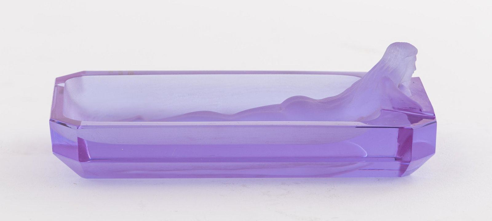 Czech Crystal Art Deco Female Nude Vide Poche: Handmade C.I.O. Collection / Czech Republic violet crystal Art Deco-style female nude form vide poche / trinket tray, maker's label to underside, in original satin-lined box. 1.5" H x 4.75" W x 2.75" 