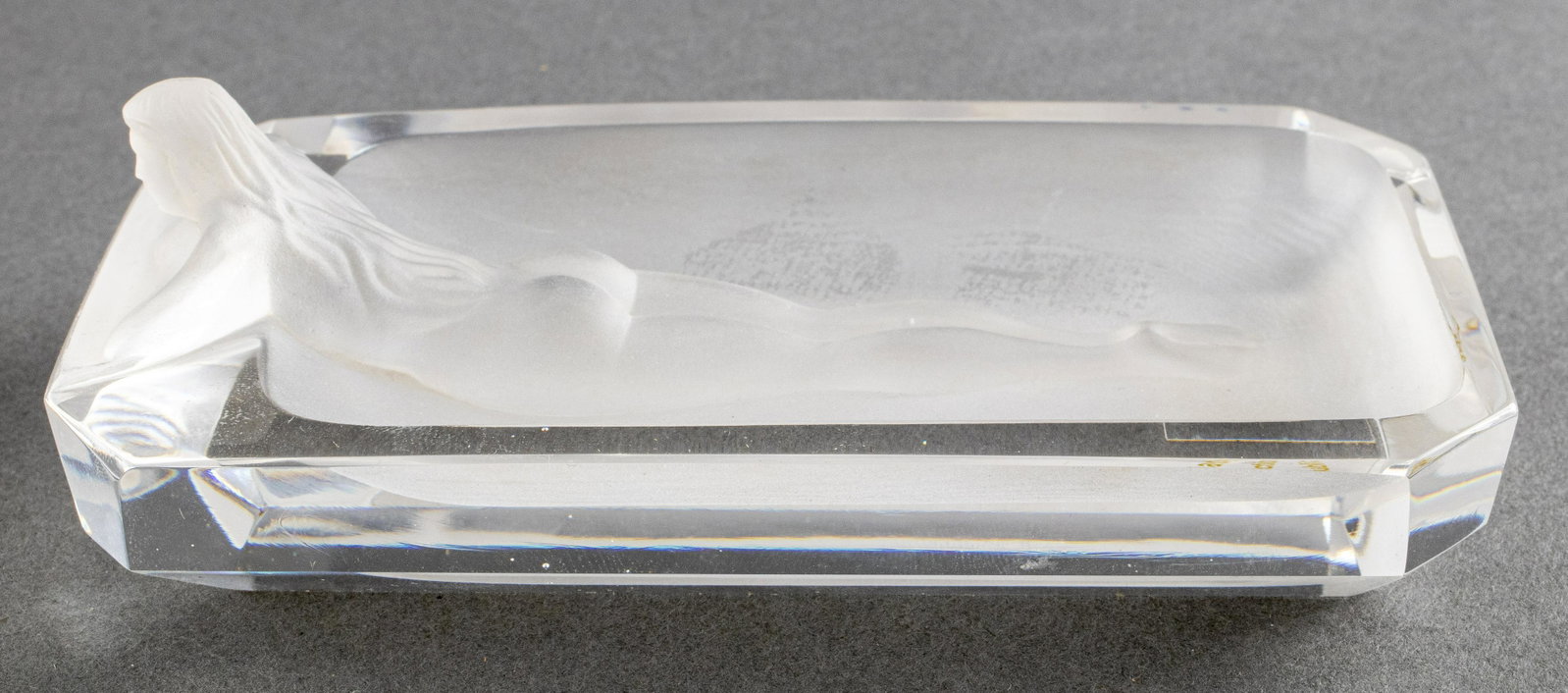 Czech Crystal Art Deco Female Nude Vide Poche: Handmade C.I.O. Collection / Czech Republic clear frosted crystal Art Deco-style female nude form trinket tray / vide poche, maker's label to underside, in original satin-lined box. 1.5" H x 4.75" W x