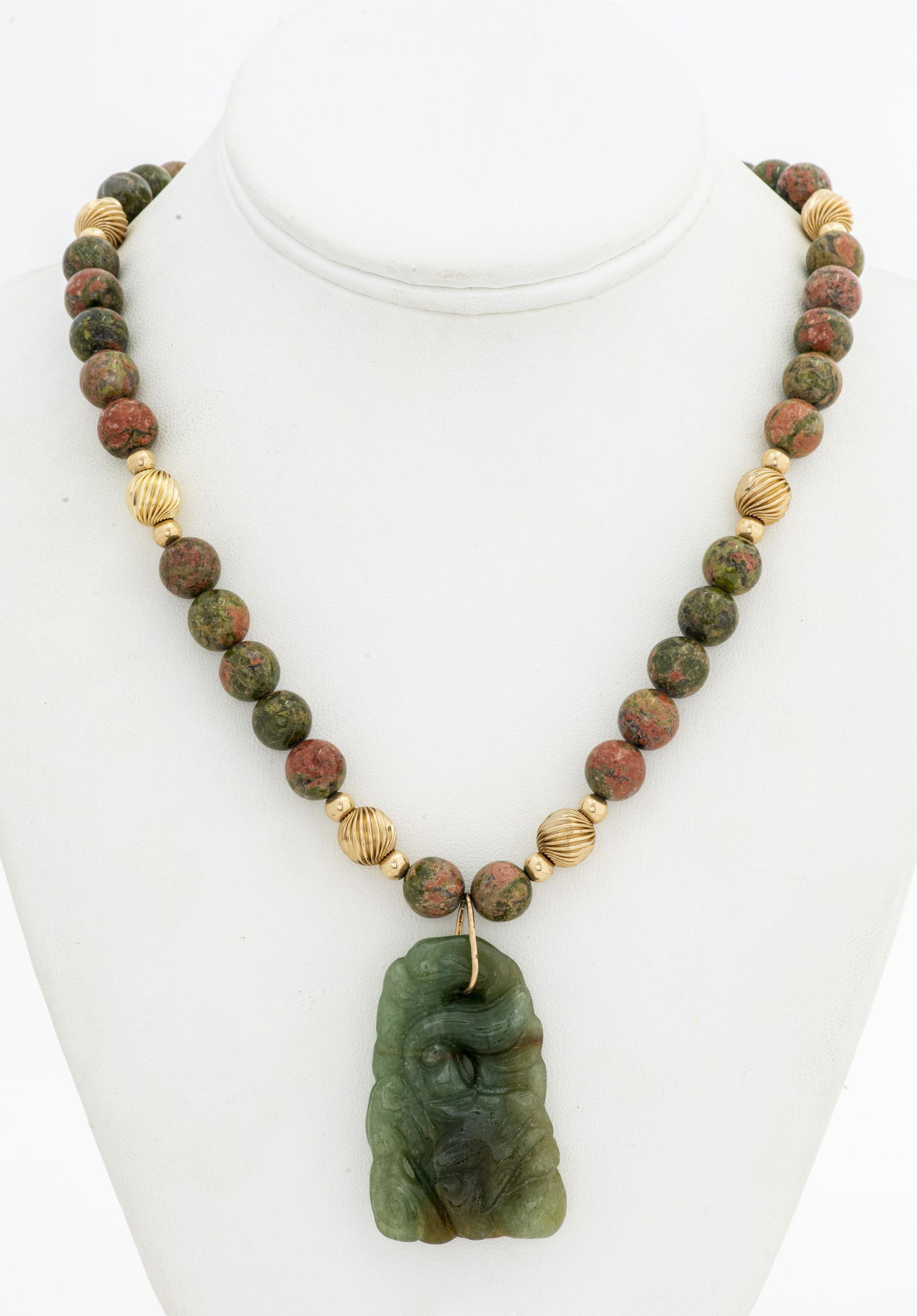 Chinese Carved Jade Pendant Unakite Bead Necklace (1 of 5)
